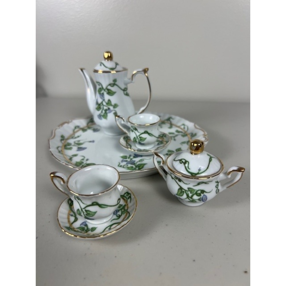 Miniature Porcelain Tea Set 9pc Morning Glory Floral Gold Trim White Blue Green